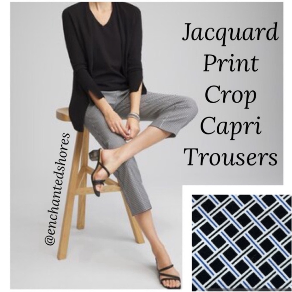 Elegant Jacquard Cropped Trousers Houndstooth Capri Black Blue White Size 14
